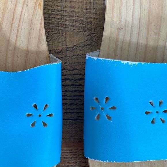 Hanna Andersson Blue Laser Cutout Slides Wood Sandals Womens 39 Slip On - Picture 4 of 16